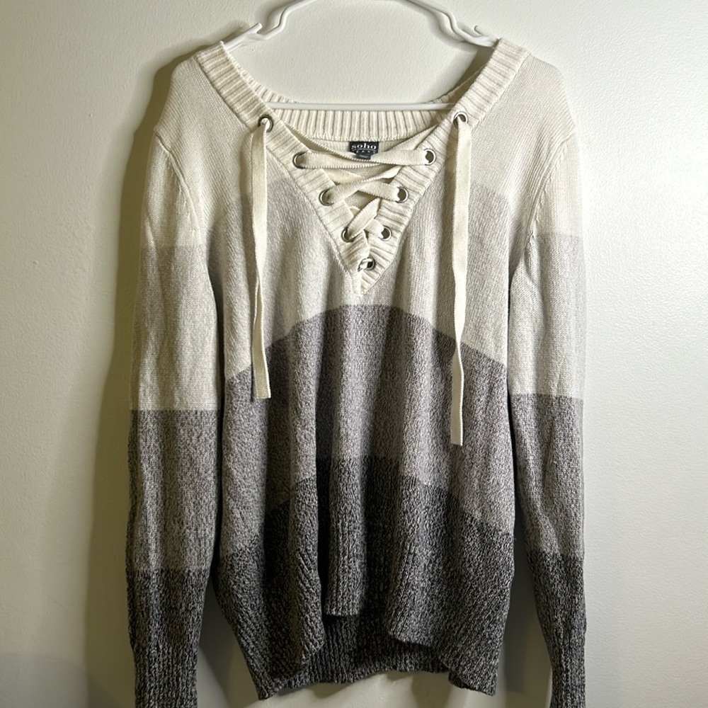 New York & Company ombré sweater size xl cross tie cream light gray dark gray